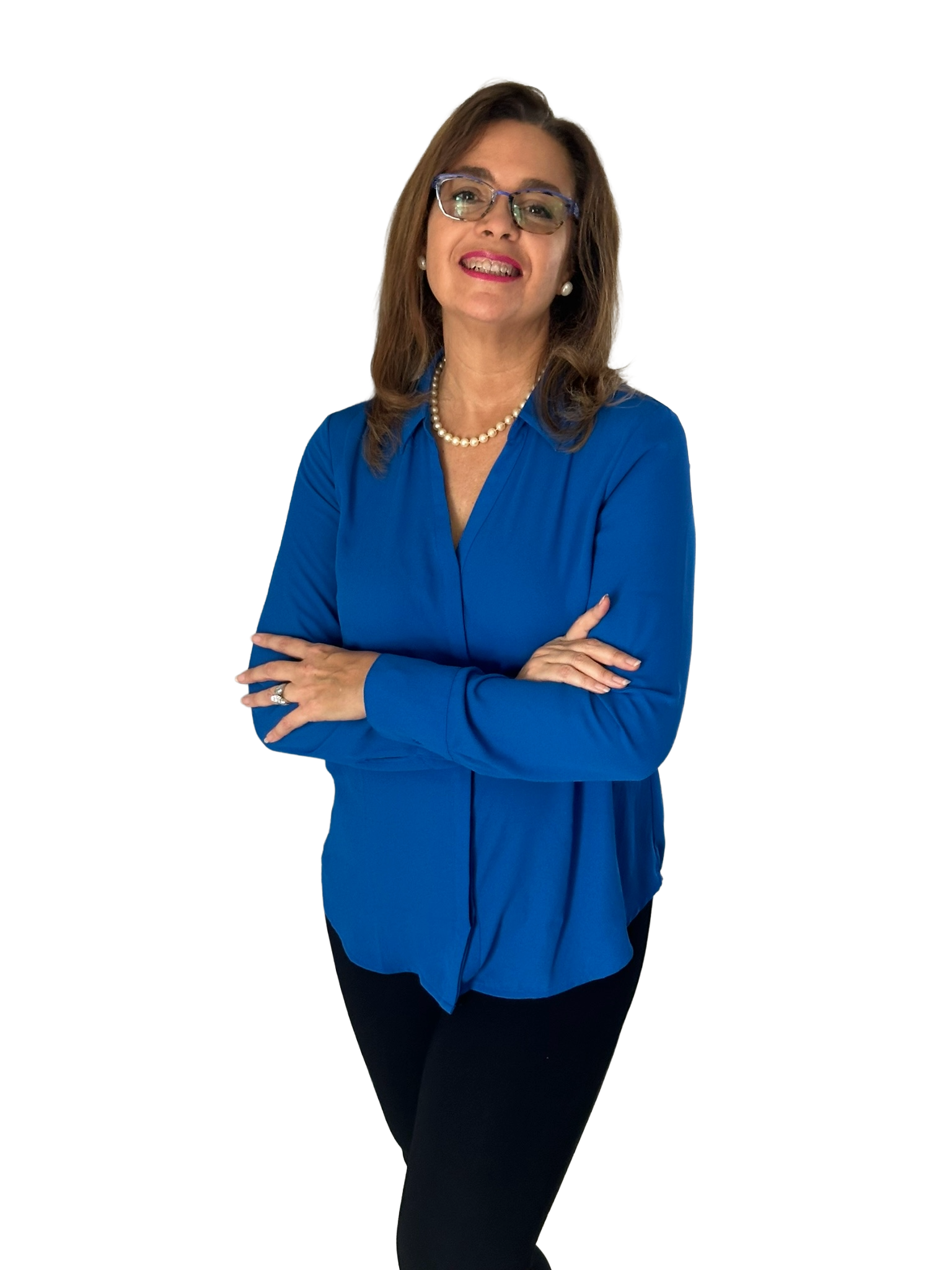 Kim Lewis Howard standing with arms crossed in blue glasses